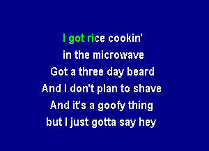 lgot rice cookin'
in the microwave
Got a three day beard

And I don't plan to shave
And it's a goofy thing
but ljust gotta say hey