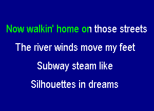 Now walkin' home on those streets

The river winds move my feet

Subway steam like

Silhouettes in dreams