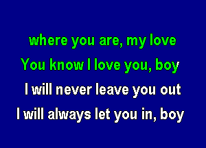 where you are, my love
You know I love you, boy
I will never leave you out

I will always let you in, boy