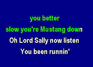 you better

slow you're Mustang down

Oh Lord Sally now listen
You been runnin'