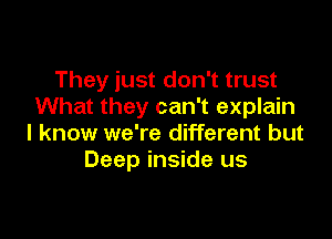 They just don't trust
What they can't explain

I know we're different but
Deep inside us