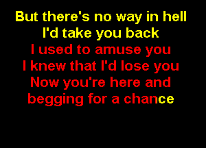 But there's no way in hell
I'd take you back
I used to amuse you
I knew that I'd lose you
Now you're here and
begging for a chance