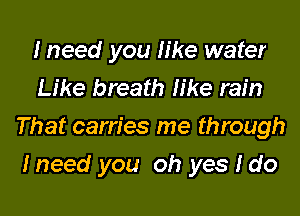 I need you like water
Like breath like rain
That carries me through
Ineed you oh yes I do