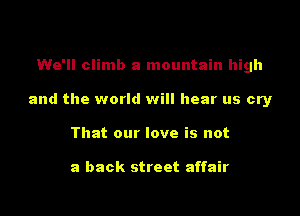 We'll climb a mountain high

and the world will hear us cry

That our love is not

a back street affair
