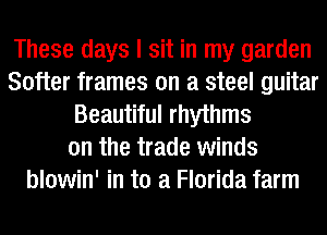 These days I sit in my garden
Softer frames on a steel guitar
Beautiful rhythms
on the trade winds
blowin' in to a Florida farm
