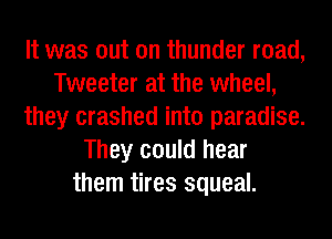 It was out on thunder road,
Tweeter at the wheel,
they crashed into paradise.
They could hear
them tires squeal.