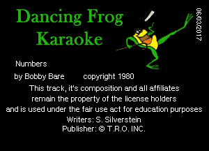 Dancing Frog 4
Karaoke

Numbers

by Bobby Bare copyright 1980

This track, it's composition and all affiliates
remain the property of the license holders
and is used under the fair use act for education purposes

WriterSi S. Silverstein
Publisheri (Q T.R.O. INC.

AlOZJSOISO