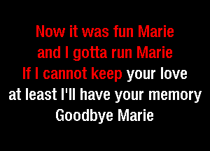 Now it was fun Marie
and I gotta run Marie
If I cannot keep your love
at least I'll have your memory
Goodbye Marie