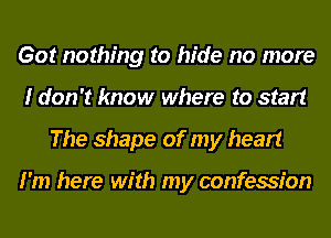 Got nothing to hide no more
I don't know where to start
The shape of my heart

I'm here with my confession