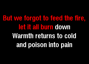 But we forgot to feed the fire,
let it all burn down
Warmth returns to cold
and poison into pain