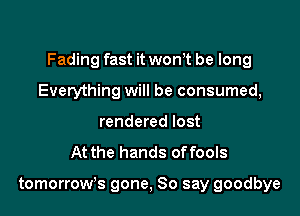 Fading fast it wth be long

Everything will be consumed,
rendered lost
At the hands offools

tomorrow's gone, So say goodbye