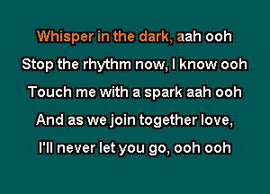 Whisper in the dark, aah ooh
Stop the rhythm now, I know ooh
Touch me with a spark aah ooh
And as we join together love,

I'll never let you go, ooh ooh