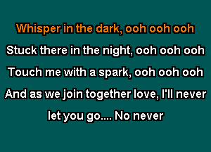 Whisper in the dark, ooh ooh ooh
Stuck there in the night, ooh ooh ooh
Touch me with a spark, ooh ooh ooh
And as we join together love, I'll never

let you go.... No never