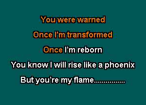 You were warned
Once I'm transformed
Once I'm reborn

You know I will rise like a phoenix

But yowre my flame ................