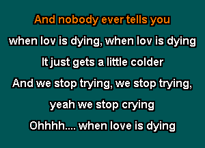 And nobody ever tells you
when low is dying, when low is dying
ltjust gets a little colder
And we stop trying, we stop trying,
yeah we stop crying
0hhhh.... when love is dying