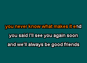 you never know what makes it end

you said I'll see you again soon

and we'll always be good friends