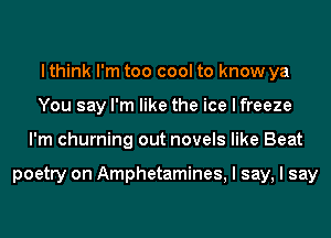 I think I'm too cool to know ya
You say I'm like the ice I freeze
I'm churning out novels like Beat

poetry on Amphetamines, I say, I say