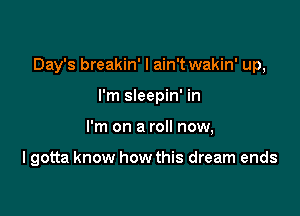 Day's breakin' I ain't wakin' up,

I'm sleepin' in
I'm on a roll now,

I gotta know how this dream ends