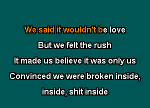 We said it wouldn't be love
But we felt the rush
It made us believe it was only us
Convinced we were broken inside,

inside, shit inside