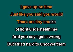 I gave up on time
Just like you said you would
There are tiny cracks
oflight underneath me
And you say I got it wrong

But I tried hard to uncover them