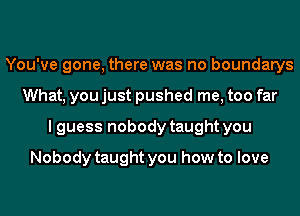 You've gone, there was no boundarys
What, you just pushed me, too far
I guess nobody taught you
Nobody taught you how to love