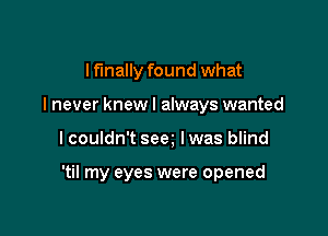 I finally found what
I never knewl always wanted

I couldn't sea Iwas blind

'til my eyes were opened