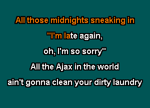 All those midnights sneaking in
I'm late again,
oh, I'm so sorry
All the Ajax in the world

ain't gonna clean your dirty laundry