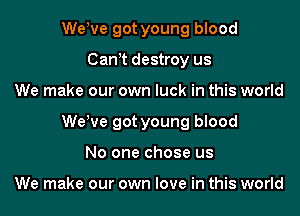 WeWe got young blood
Cawt destroy us
We make our own luck in this world
WeWe got young blood
No one chose us

We make our own love in this world