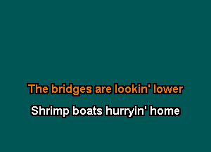 The bridges are lookin' lower

Shrimp boats hurryin' home