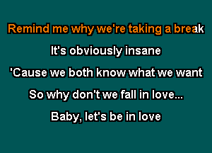 Remind me why we're taking a break
It's obviously insane
'Cause we both know what we want
So why don't we fall in love...

Baby, let's be in love