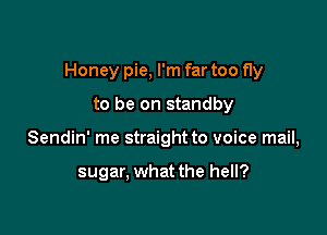 Honey pie, I'm far too fly

to be on standby
Sendin' me straight to voice mail,

sugar, what the hell?