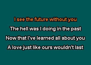 I see the future without you
The hell was I doing in the past
Now that I've learned all about you

A love just like ours wouldn't last