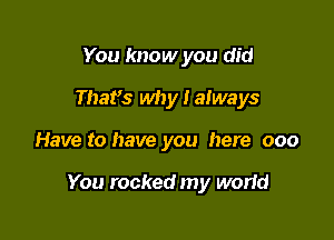 You know you did
Thafs why I always

Have to have you here 000

You rocked my worid