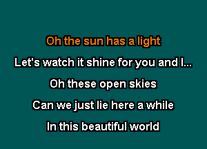 Oh the sun has a light

Let's watch it shine for you and I...

Ch these open skies
Can we just lie here a while

In this beautiful world