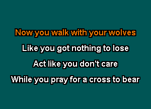 Now you walk with your wolves

Like you got nothing to lose
Act like you don't care

While you pray for a cross to bear