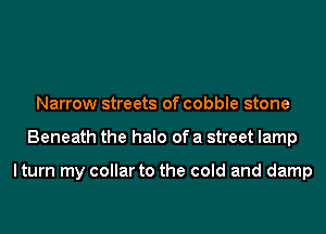 Narrow streets of cobble stone
Beneath the halo of a street lamp

lturn my collar to the cold and damp