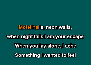 Motel halls, neon walls,

when night falls I am your escape

When you lay alone, I ache

Something I wanted to feel
