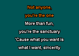 Not anyone,
you're the one
More than fun,

you're the sanctuary

'Cause what you want is

what I want, sincerity
