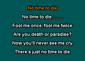 No time to die
No time to die ..........

Fool me once, fool me twice

Are you death or paradise?

Now you'll never see me cry

There's just no time to die