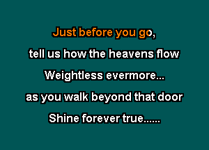 Just before you go,

tell us how the heavens flow
Weightless evermore...
as you walk beyond that door

Shine forever true ......