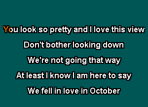 You look so pretty and I love this view
Don't bother looking down
We're not going that way
At least I know I am here to say

We fell in love in October