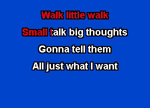 Walk little walk
Small talk big thoughts
Gonna tell them

All just what I want