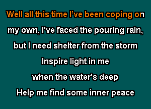 Well all this time We been coping on
my own, I've faced the pouring rain,
but I need shelter from the storm
Inspire light in me
when the water's deep

Help me find some inner peace