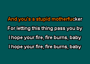 And you's a stupid motherfucker
For letting this thing pass you by
I hope your fire, the bums, baby

I hope your fire, the bums, baby