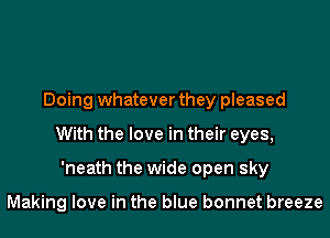 Doing whatever they pleased
With the love in their eyes,
'neath the wide open sky

Making love in the blue bonnet breeze