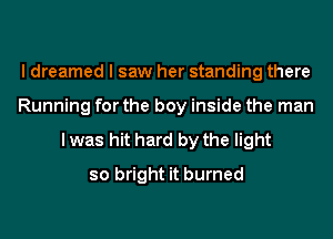 I dreamed I saw her standing there
Running for the boy inside the man

lwas hit hard by the light
so bright it burned