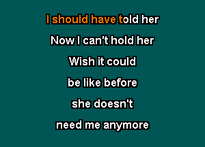 lshould have told her
Nowl can't hold her
Wish it could
be like before

she doesn't

need me anymore