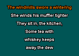 The windmills swore a wintering

She winds his muffler tighter
They sit in, the kitchen,
Some tea with
whiskey keeps

away the dew