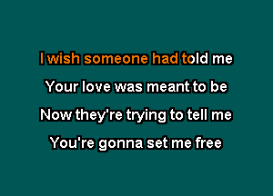 lwish someone had told me

Your love was meant to be

Now they're trying to tell me

You're gonna set me free