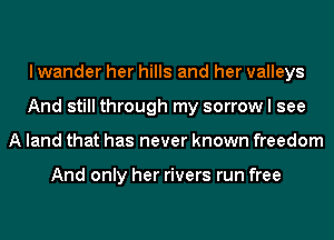 I wander her hills and her valleys
And still through my sorrow I see
A land that has never known freedom

And only her rivers run free